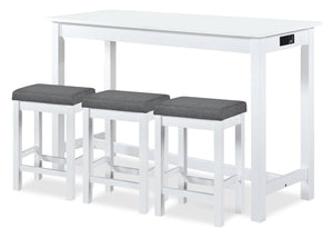 Noah 60” Modern Sofa Table with 3 Counter-Height Stools and USB Ports - White