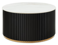 Kort & Co. Capri 32” Modern Round Coffee Table with White Sintered Stone Top and Casters - Black and Gold 