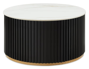 Kort & Co. Capri 32” Modern Round Coffee Table with White Sintered Stone Top and Casters - Black and Gold