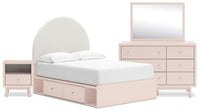 Lola 6pc Bedroom Set with Storage Bed, Dresser, Mirror & Nightstand, Boucle Fabric & Blush - Full Size 