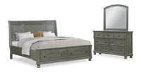 Chelsea 5pc Bedroom Set with Storage Bed, Dresser & Mirror, Grey - King Size 