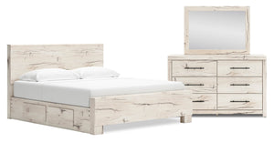 Derekson 5pc Bedroom Set with Side Storage Bed, Dresser & Mirror, Rustic White - King Size