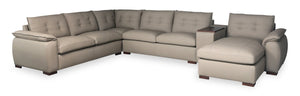 Raya Modular 5-Piece Right-Facing Stone Beige Genuine Leather Sectional with Storage Console and Wood Legs