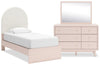 Lola 5pc Bedroom Set with Panel Bed, Dresser & Mirror, Boucle Fabric/Blush - Twin Size