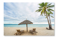 Two Beach Chairs, Umbrella  Coconut Palm 16x24 Wall Art Fabric Panel Without Frame