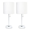 Limelights White Stick Lamp with Charging Outlet And Fabric Shade 2 Pack Set, White Lamp Set