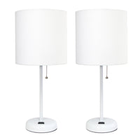 Limelights White Stick Lamp with Charging Outlet And Fabric Shade 2 Pack Set, White Lamp Set