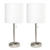 Limelights Brushed Steel Stick Lamp with Charging Outlet And Fabric Shade 2 Pack Set, White Lamp Set