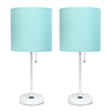 Limelights White Stick Lamp with Charging Outlet And Fabric Shade 2 Pack Set, Aqua Lamp Set