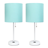 Limelights White Stick Lamp with Charging Outlet And Fabric Shade 2 Pack Set, Aqua Lamp Set