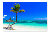 Relaxing Tropical Holidays with Beach Chairs Under Palm Trees 28x42 Wall Art Fabric Panel Without Frame