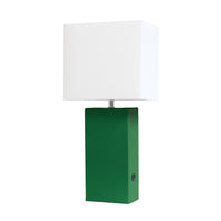 Elegant Designs Modern Leather Table Lamp with Usb And White Fabric Shade, Green