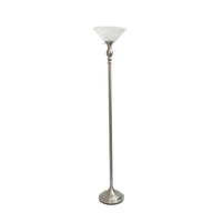 Elegant Designs 1 Light Torchiere Floor Lamp with Marbleized White Glass Shade, Brushed Nickel