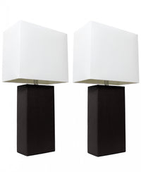 Elegant Designs 2 Pack Modern Leather Table Lamps with White Fabric Shades, Black Lamp Set