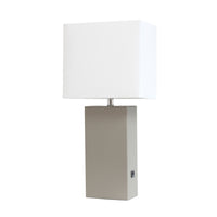 Elegant Designs Modern Leather Table Lamp with Usb And White Fabric Shade, Grey