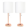 Limelights Rose Gold Stick Lamp with Charging Outlet And Fabric Shade 2 Pack Set, White Lamp Set