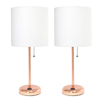 Limelights Rose Gold Stick Lamp with Charging Outlet And Fabric Shade 2 Pack Set, White Lamp Set