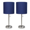 Limelights Brushed Steel Stick Lamp with Charging Outlet And Fabric Shade 2 Pack Set, Navy Lamp Set