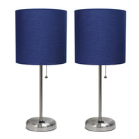 Limelights Brushed Steel Stick Lamp with Charging Outlet And Fabric Shade 2 Pack Set, Navy Lamp Set