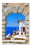 Windmill Through An Old Window In Santorini Island 16x24 Wall Art Frame And Fabric Panel