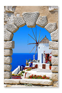 Windmill Through An Old Window in Santorini Island 24x36 Wall Art Fabric Panel Without Frame