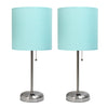 Limelights Brushed Steel Stick Lamp with Charging Outlet And Fabric Shade 2 Pack Set, Aqua Lamp Set