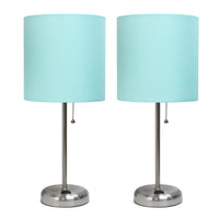 Limelights Brushed Steel Stick Lamp with Charging Outlet And Fabric Shade 2 Pack Set, Aqua Lamp Set