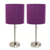 Limelights Brushed Steel Stick Lamp with Charging Outlet And Fabric Shade 2 Pack Set, Purple Lamp Set