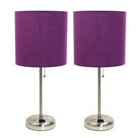 Limelights Brushed Steel Stick Lamp with Charging Outlet And Fabric Shade 2 Pack Set, Purple Lamp Set