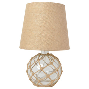 Elegant Designs Buoy Rope Nautical Netted Coastal Ocean Sea Glass Table Lamp with Burlap Fabric Shade, Clear