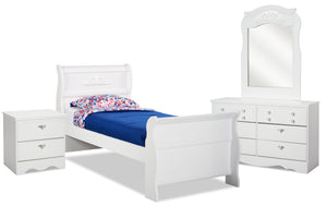 Diamond Dreams Sleigh Bed 6pc Set with Dresser, Mirror & Nightstand for Kids, White - Twin Size