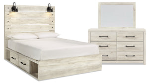 Abby 5pc Bedroom Set with Side Storage Bed, Dresser & Mirror, LED, USB, White - Queen Size