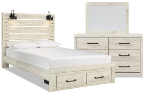 Abby 5pc Bedroom Set with Storage Bed, Dresser & Mirror, LED, USB, White - King Size