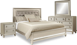 Diva 6pc Bedroom Set with Bed, Dresser, Mirror & Nightstand, Glam, Vegan Leather, Silver - King Size