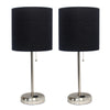 Limelights Brushed Steel Stick Lamp with Charging Outlet And Fabric Shade 2 Pack Set, Black Lamp Set