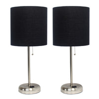 Limelights Brushed Steel Stick Lamp with Charging Outlet And Fabric Shade 2 Pack Set, Black Lamp Set