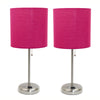 Limelights Brushed Steel Stick Lamp with Charging Outlet And Fabric Shade 2 Pack Set, Pink Lamp Set