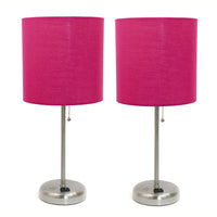 Limelights Brushed Steel Stick Lamp with Charging Outlet And Fabric Shade 2 Pack Set, Pink Lamp Set