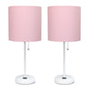 Limelights White Stick Lamp with Charging Outlet And Fabric Shade 2 Pack Set, Pink Lamp Set