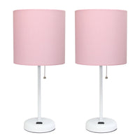 Limelights White Stick Lamp with Charging Outlet And Fabric Shade 2 Pack Set, Pink Lamp Set