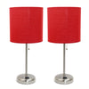 Limelights Brushed Steel Stick Lamp with Charging Outlet And Fabric Shade 2 Pack Set, Red Lamp Set