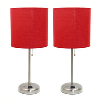 Limelights Brushed Steel Stick Lamp with Charging Outlet And Fabric Shade 2 Pack Set, Red Lamp Set