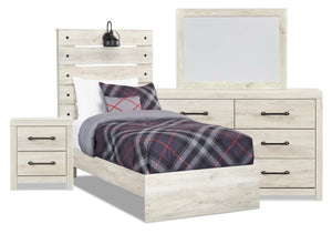 Abby 6pc Bedroom Set with Panel Bed, Dresser, Mirror, Nightstand for Kids, LED, USB, White - Twin Size