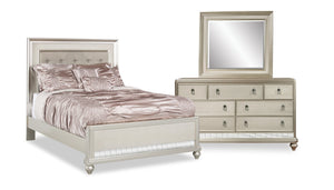 Diva 5pc Bedroom Set with Bed, Dresser & Mirror, Glam, Vegan Leather, Silver - Queen Size