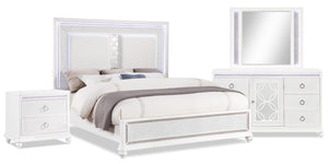Ava 6pc Bedroom Set with Bed, Dresser, Mirror & Nightstand, LED, Glam, White - Queen Size