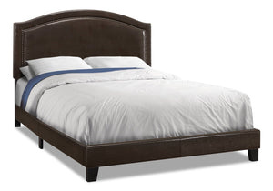 Pearl Upholstered Bed in Brown Vegan-Leather Fabric with Nailhead Design - Queen Size