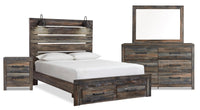 Abby 6pc Bedroom Set with Storage Bed, Dresser, Mirror & Nightstand, LED, USB, Brown - Queen Size 