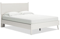 Mavi Platform Bed with Headboard & Frame, 2-Sided Fabric & Vegan Leather Cushions, White - Queen Size 