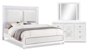 Ava 5pc Bedroom Set with Bed, Dresser & Mirror, LED, Glam, White - Queen Size