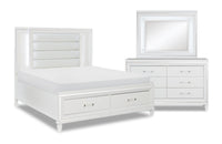 Max 5pc Bedroom Set with Storage Bed, Dresser & Mirror, LED, Glam, White - King Size 